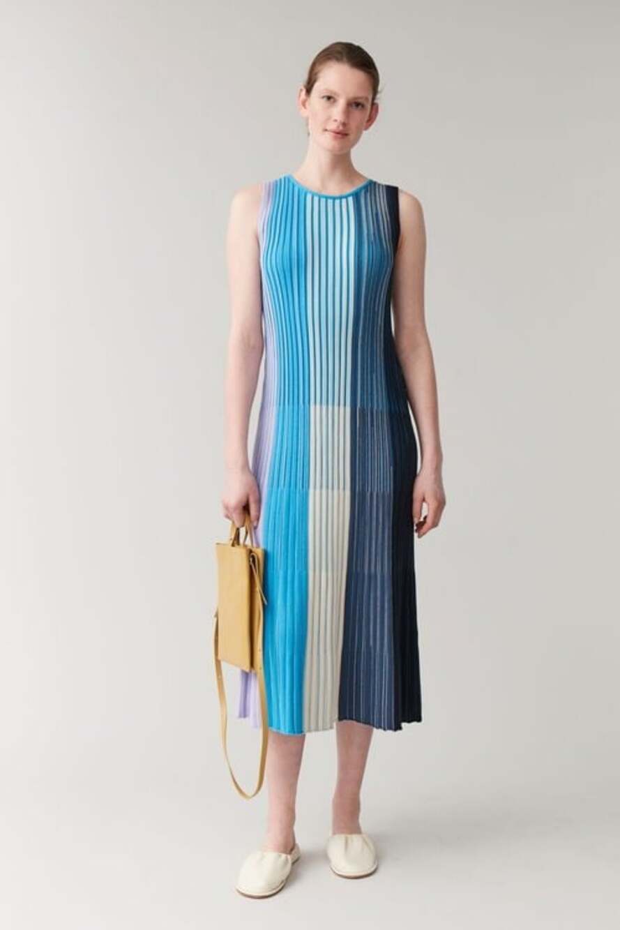 COS Women L Garter Stitch Striped Dress Midi Ribbed Knit Blue Ombre Sleeveless